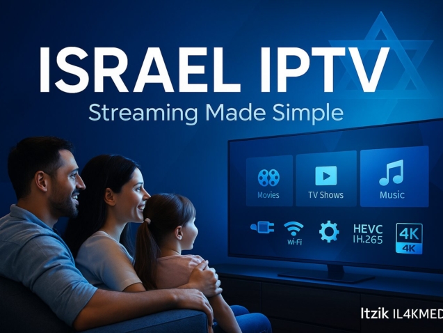 Israel IPTV – תמונת שער ידידותית למשפחה בסלון מודרני, מסך 4K ותאורה חמה | Itzik IL4KMEDIA