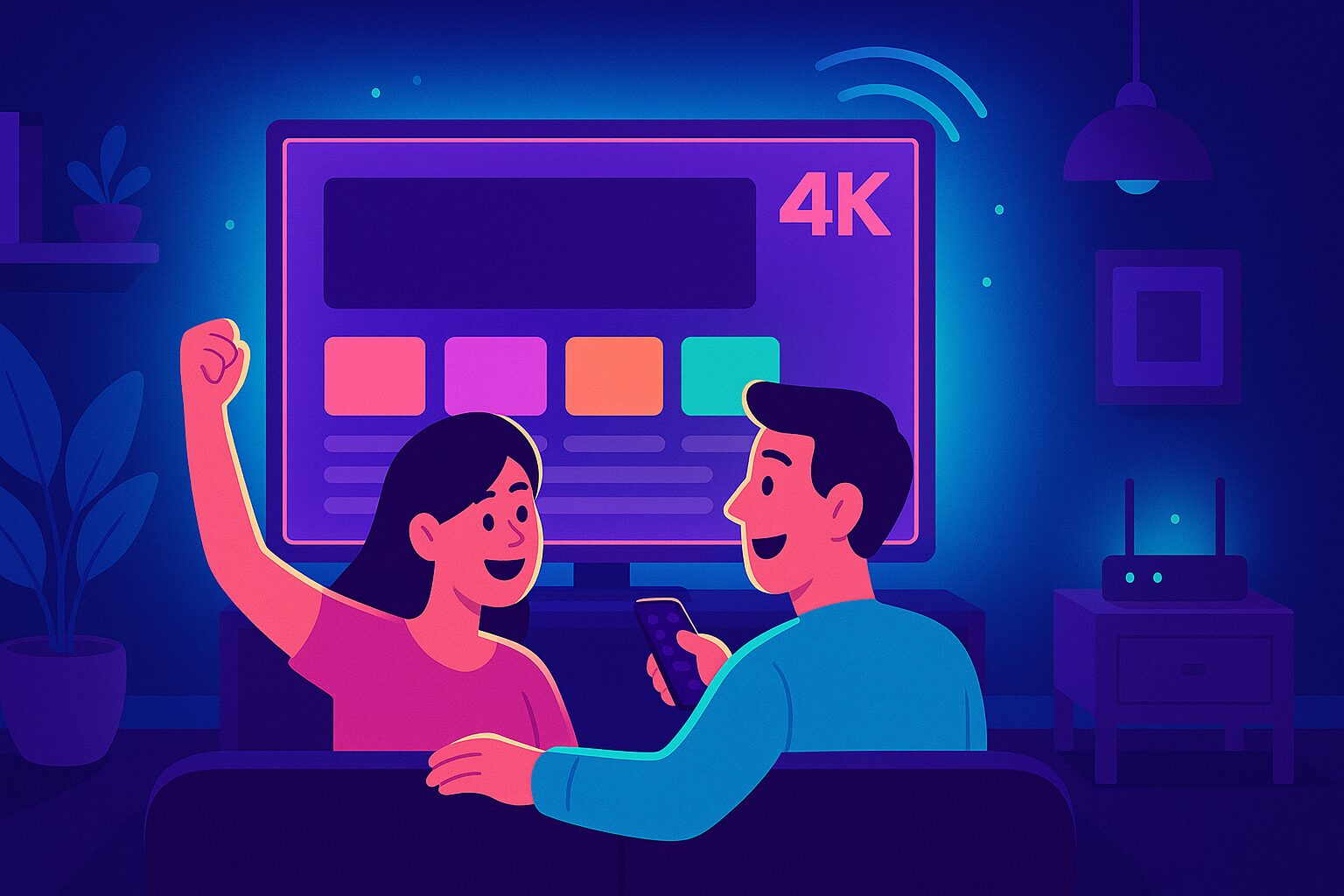 איך מתחברים ל IPTV – איור של סלון מודרני עם טלוויזיה גדולה וחוויית סטרימינג ביתית